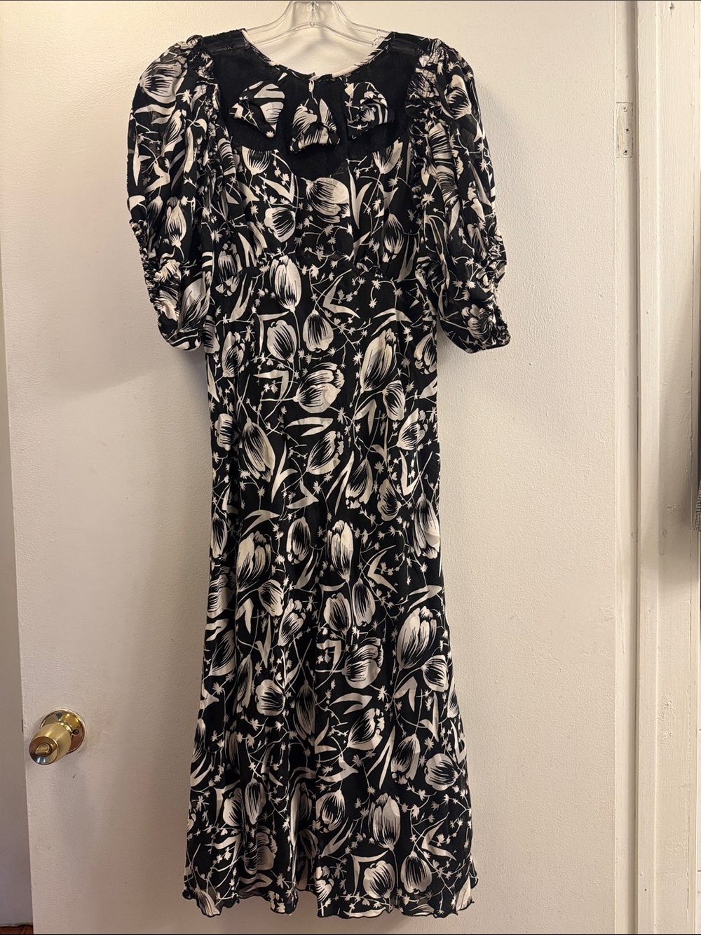 Anna Sui Black and White Floral Midi Dress with Puff Sleeves